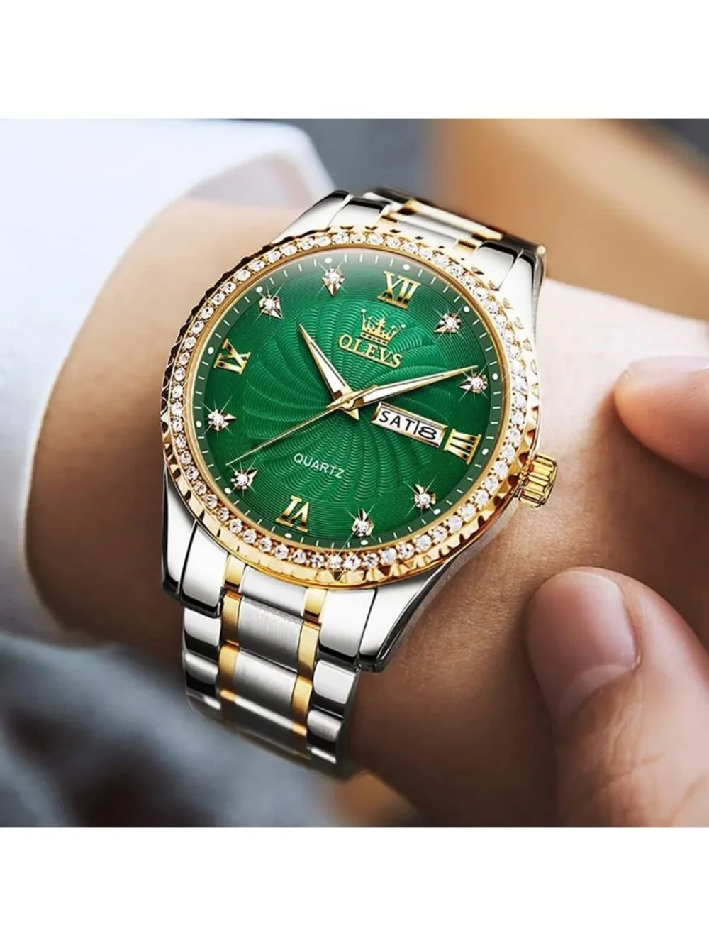 Men's Silver Green Big Dial Analog Quartz Stainless Relojes Waterproof Watch